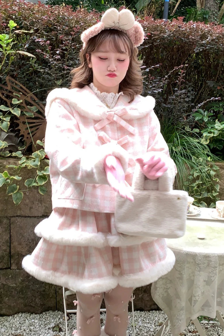 Peach Plaid Sweet Bow Coat + Plaid Tight Skirt + Fur Plaid Skirt