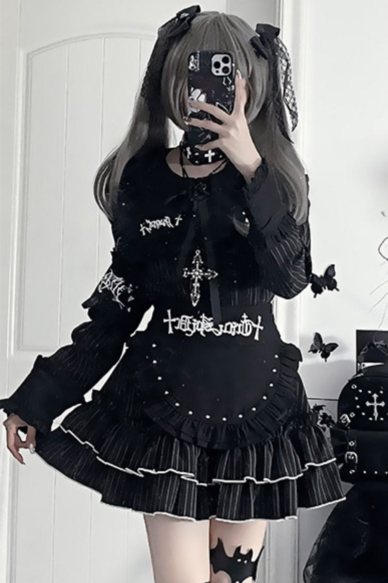 Light Asia Dark Slim Long Sleeve Top + Faux Apron Short Skirt