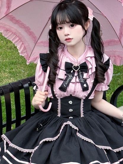 Berry Fleur Sweet Girl Blouse Black Pink Suspender Dress Set