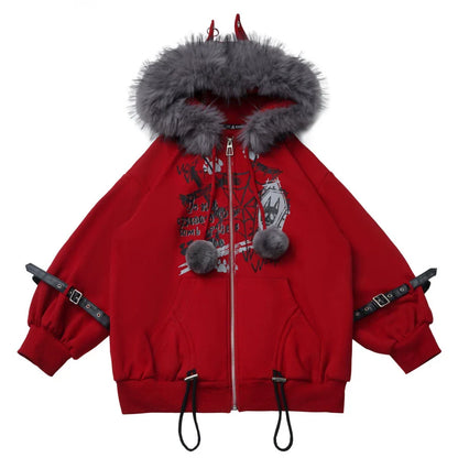 Red Fleece Jacket + Top + Skirt + Accessories