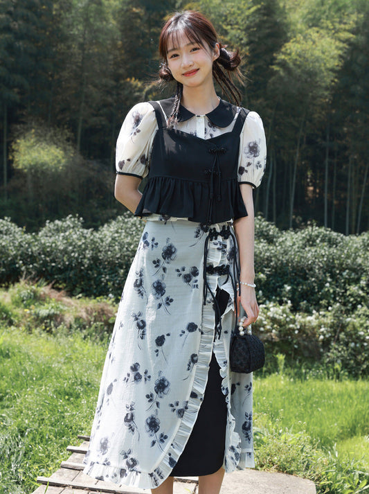 Chinese-style Black White Top Bustier Skirt Three Piece Set