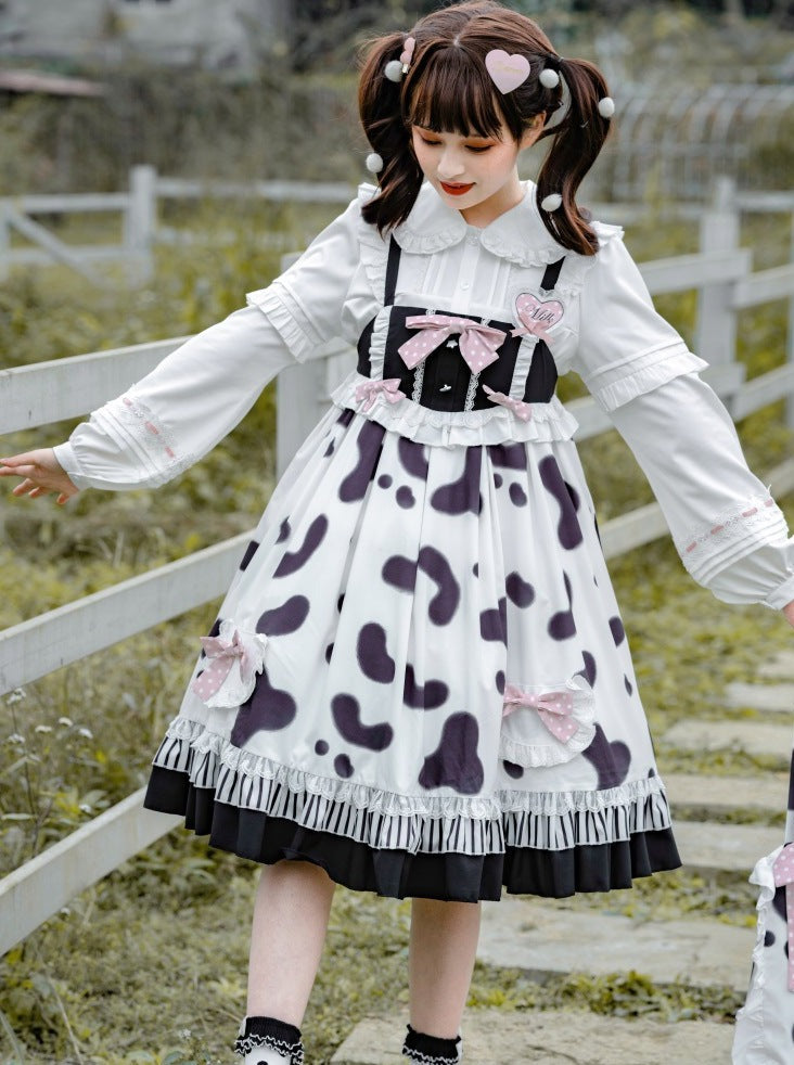 Fur Coat + Cow Suspender Skirt + Blouse