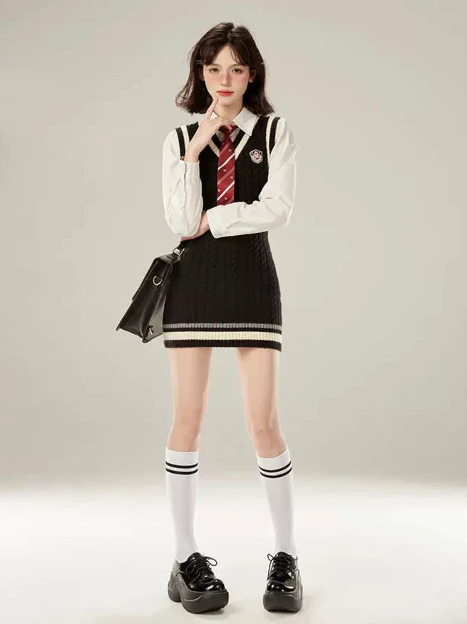 College Style Necktie White Shirt + V-neck Knit Vest Dress