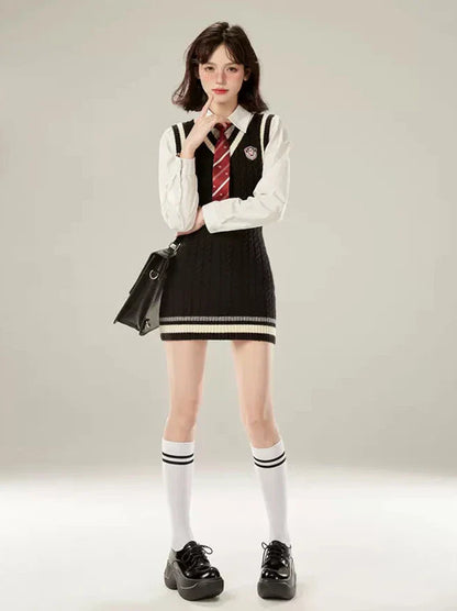 College Style Necktie White Shirt + V-neck Knit Vest Dress