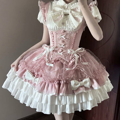 [order Deadline: May 12] Pink White Sweet Lolita Idol Ribbon Puff Sleeve Shirt + Corset Tulle Pull-up Jks Dress Set