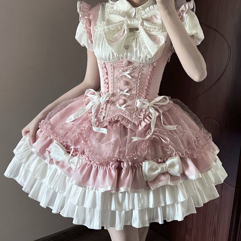 [order Deadline: May 12] Pink White Sweet Lolita Idol Ribbon Puff Sleeve Shirt + Corset Tulle Pull-up Jks Dress Set