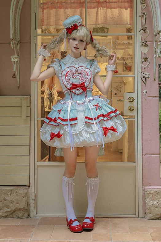 [pre-order Deadline: April 3] Twin Tiered Lolita Dot Ribbon Striped Dress + Flower Bud Skirt Dress