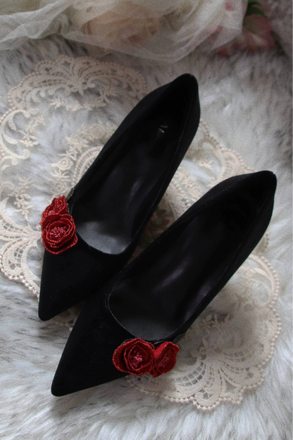 Rose Story Retro Pointed Toe Leather Velvet Heels
