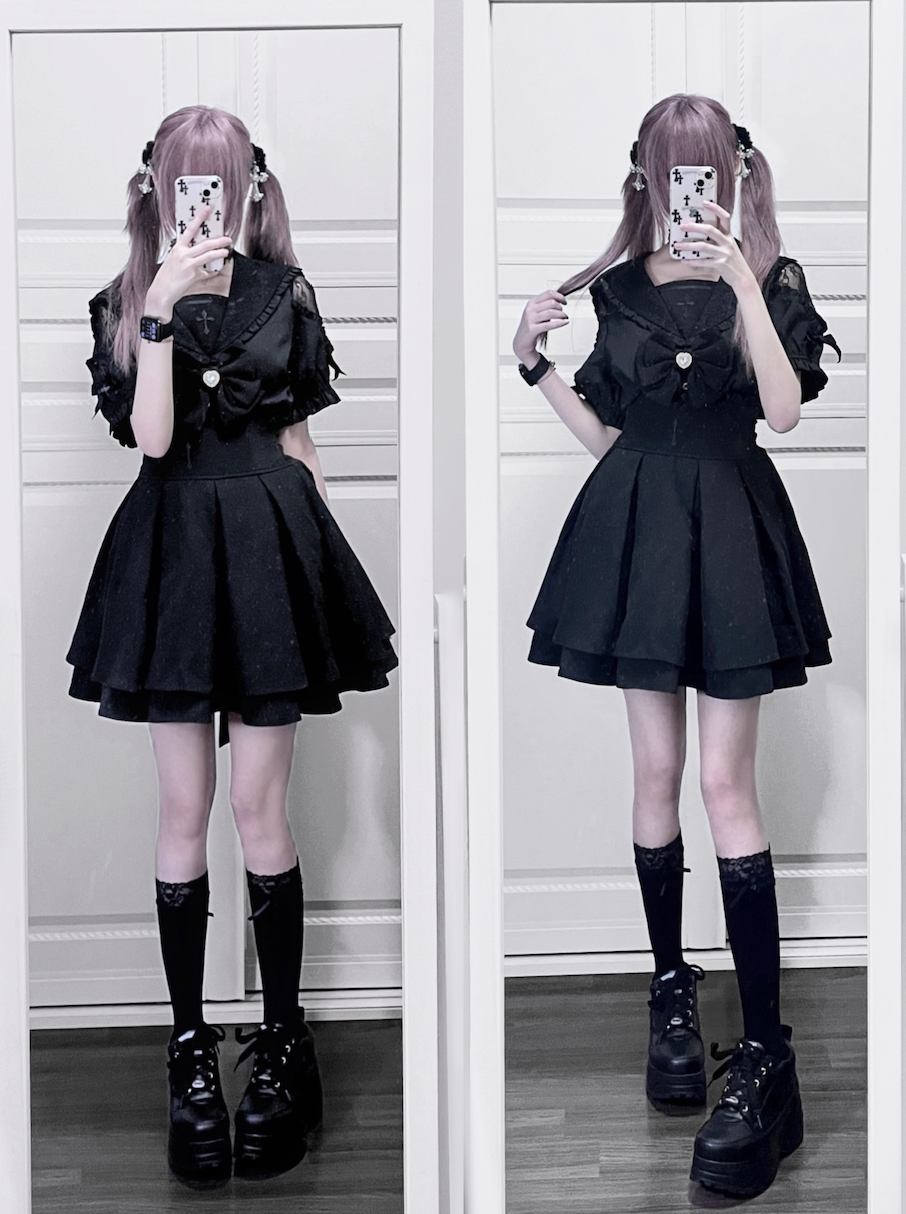 [pre-order] Lace Cross Collar Top + High Waist Skirt