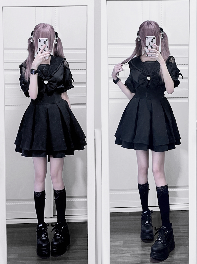 [pre-order] Lace Cross Collar Top + High Waist Skirt