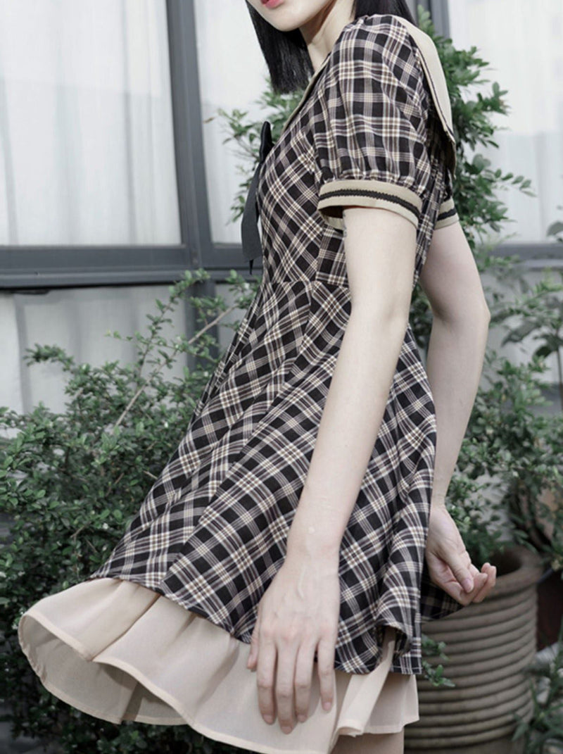 Plaid Bow Sailor Layered Dress