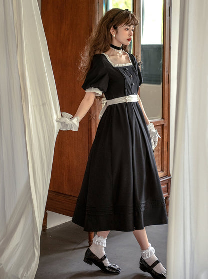 [pre-order] Black Square Collar French Retro Dress + Waist Ribbon + Black Ribbon Headband + Pearl Necklace
