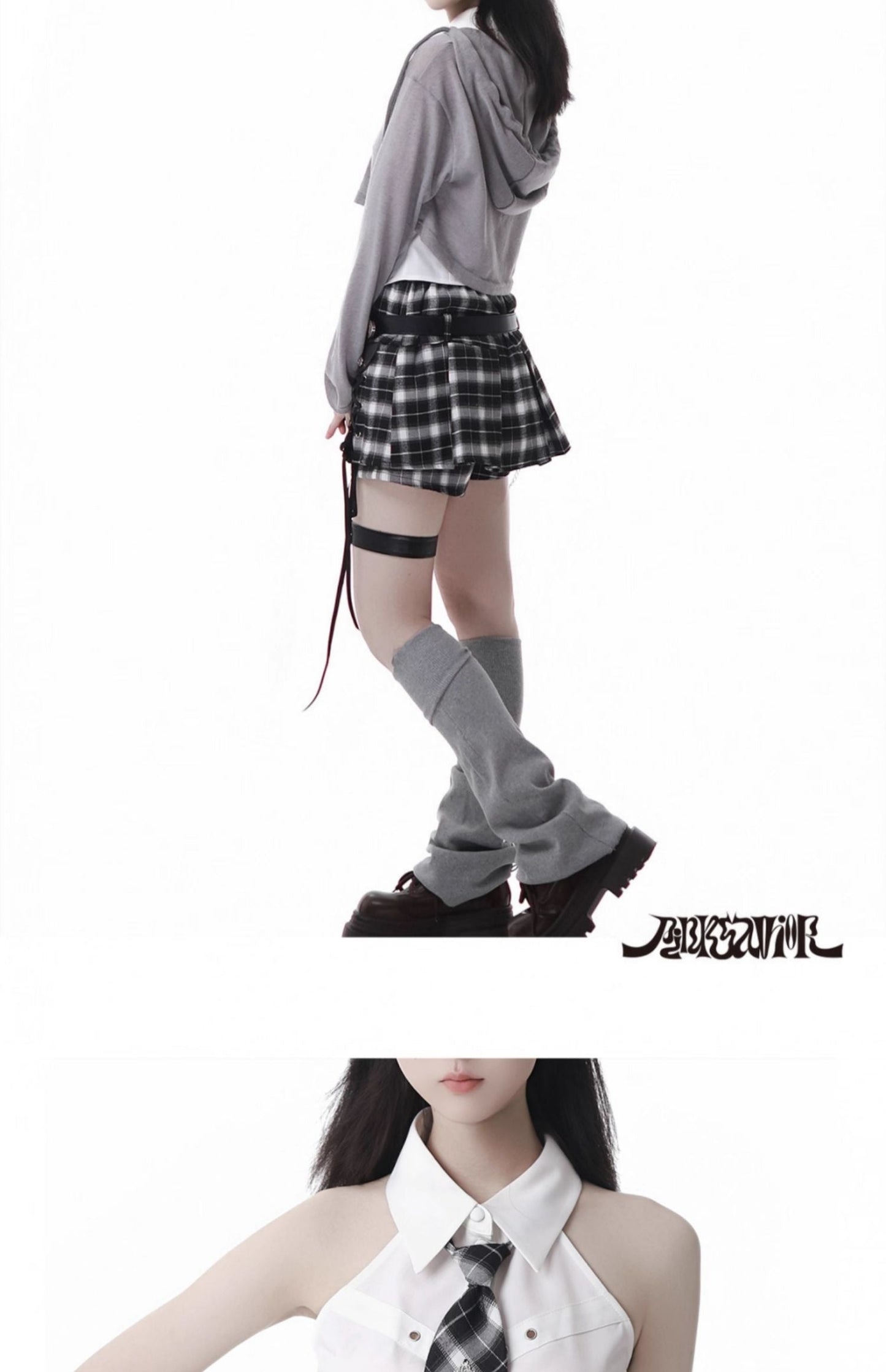 Y2k Hooded Crop Top + Sleeveless Shirt With Tie + Plaid Culottes