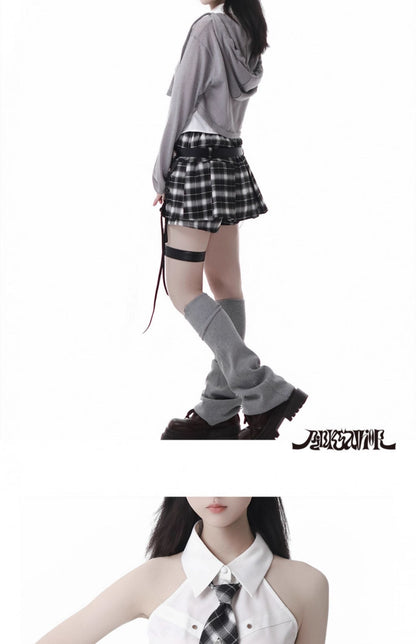 Y2k Hooded Crop Top + Sleeveless Shirt With Tie + Plaid Culottes