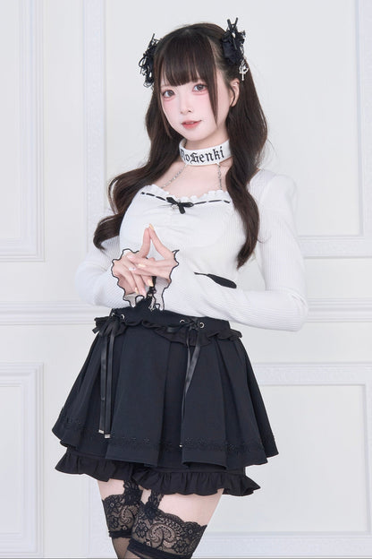 [pre-order] Choker Neck Square Ruffle Knit Top + Gothic Cross Lace Up Skirt