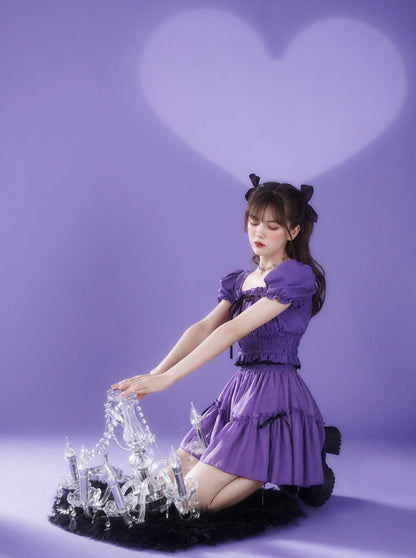 Chiffon Waist Square Collar Puff Sleeve Princess Set