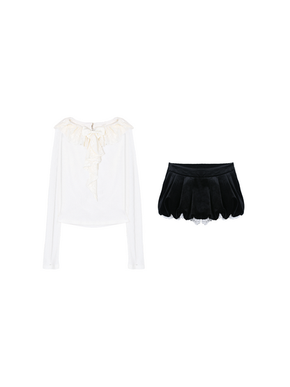 Lace Ruffle Coat + Top + Pants