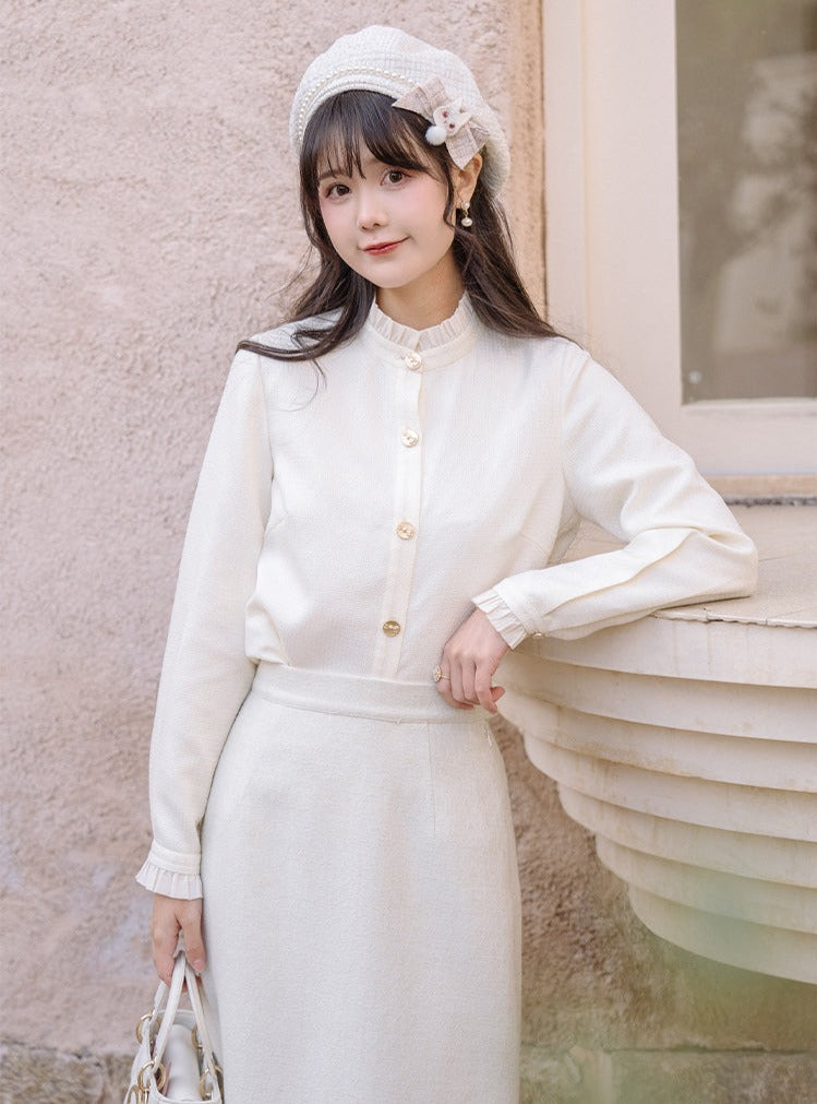 Ruffle Blouse + Tight Skirt + Tweed Ribbon Jacket