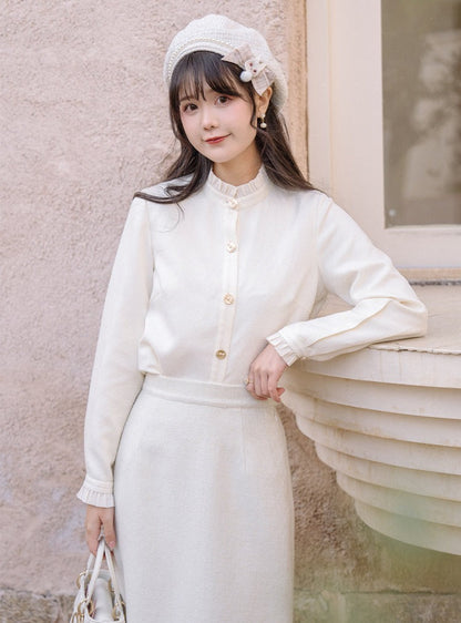 Ruffle Blouse + Tight Skirt + Tweed Ribbon Jacket