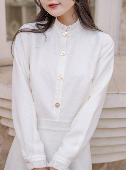 Ruffle Blouse + Tight Skirt + Tweed Ribbon Jacket