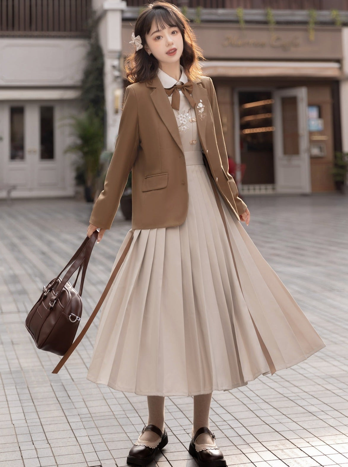 College Style Jacket + Suspender Skirt + Ribbon Blouse