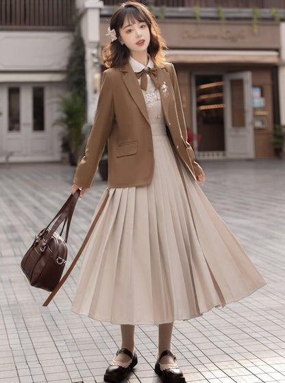 College Style Jacket + Suspender Skirt + Ribbon Blouse