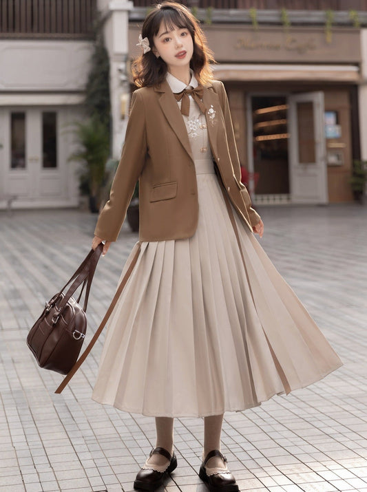 College Style Jacket + Suspender Skirt + Ribbon Blouse