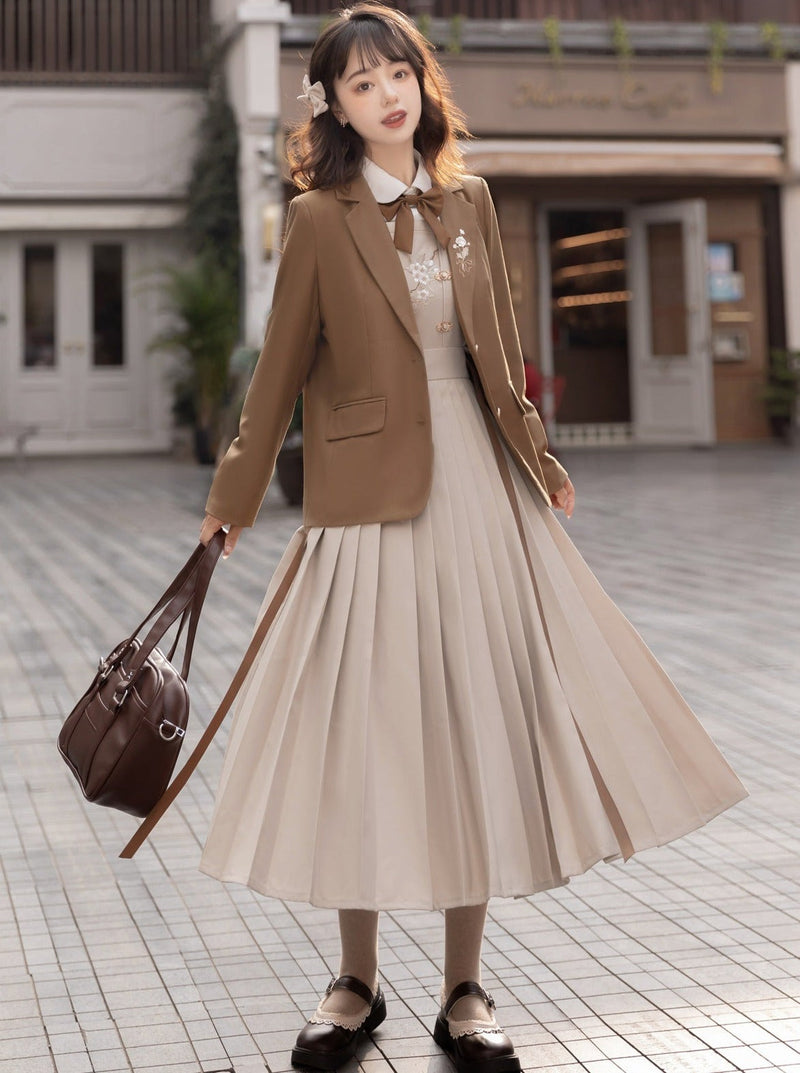 College Style Jacket + Suspender Skirt + Ribbon Blouse