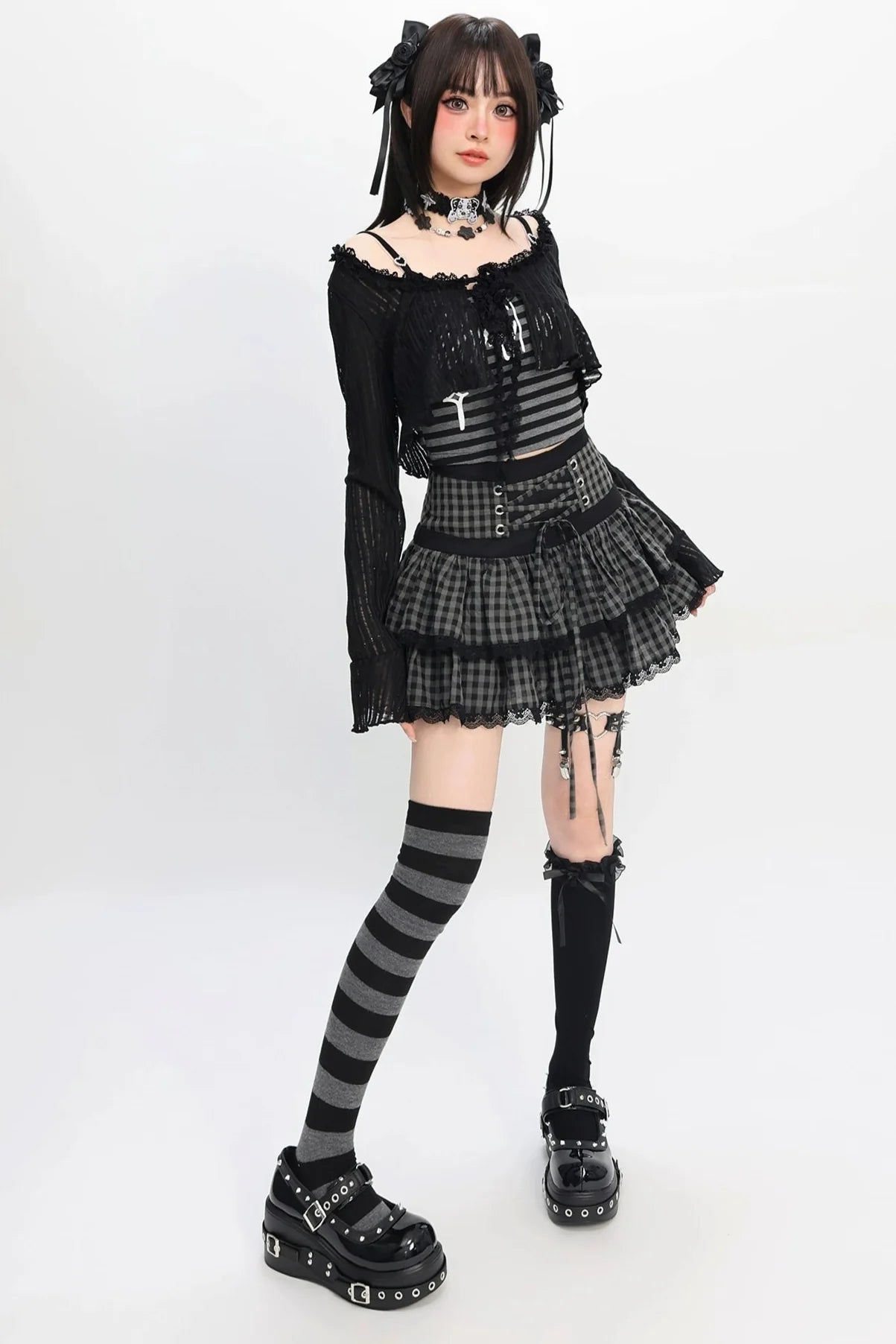 Jirai Y2k Dark Top + Lace-up Skirt
