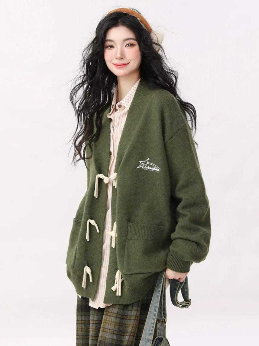 Retro Green Horn Button Cardigan Knit Jacket + Striped Shirt + Check Skirt