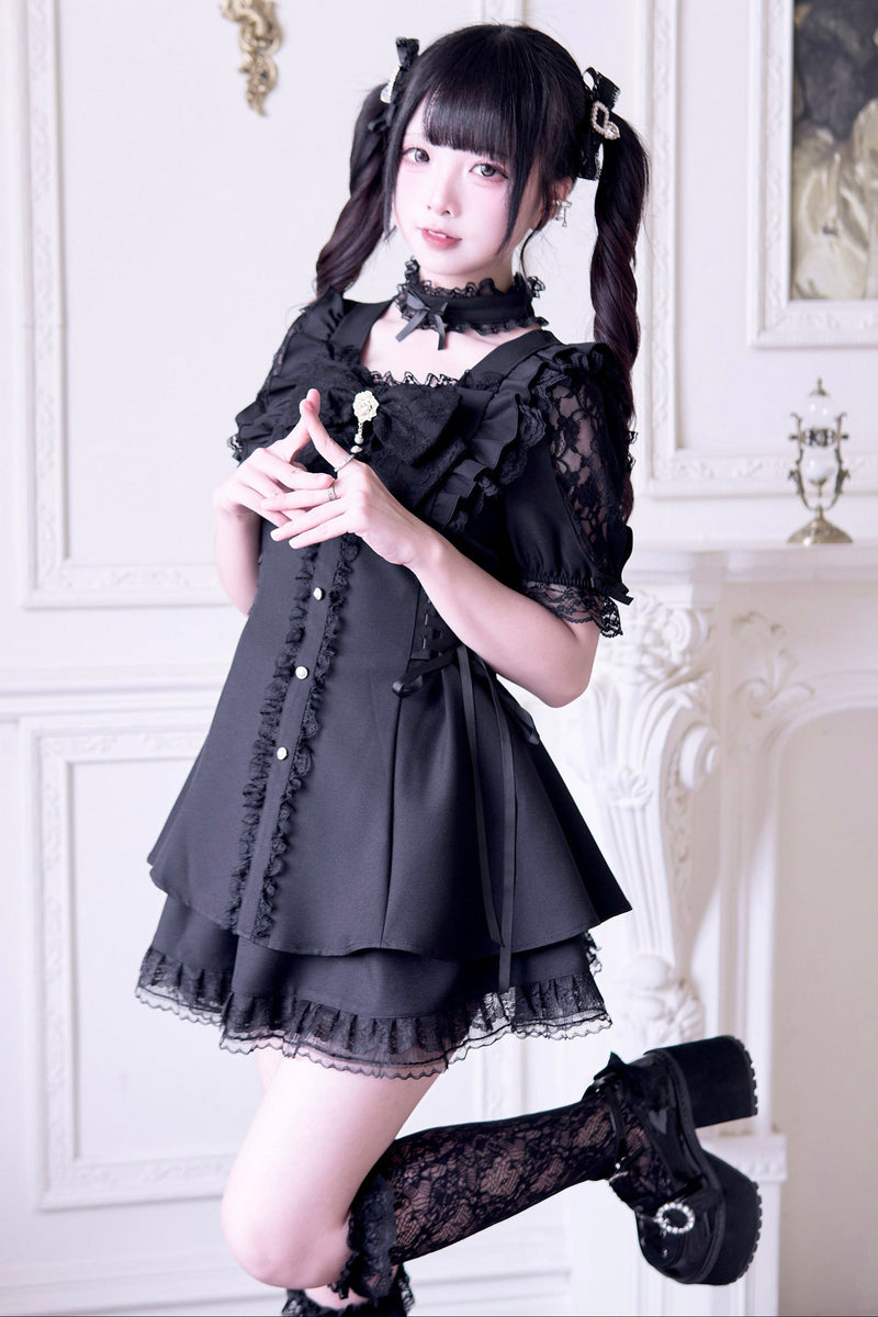 Jirai Stripe Lace Puff Sleeve Top + Short Skirt