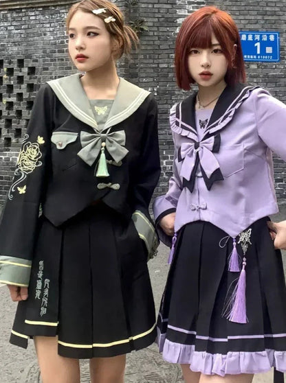 Chinese-style Sailor Top + Short Skirt + Long Skirt + Chain + Ribbon
