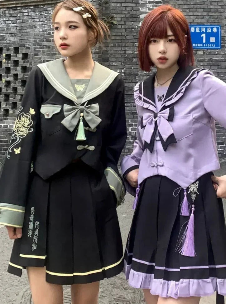 Chinese-style Sailor Top + Short Skirt + Long Skirt + Chain + Ribbon