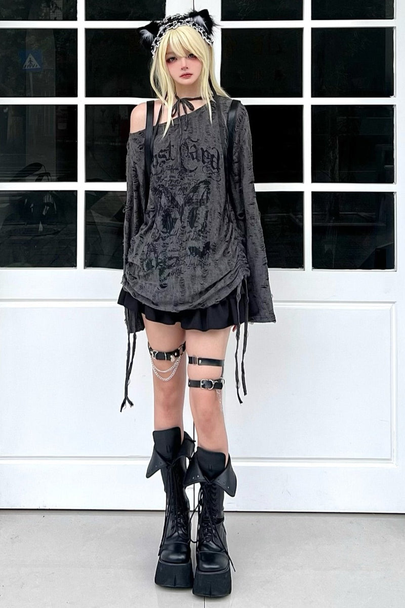 Butterfly Tie Off-shoulder Distressed Top Set