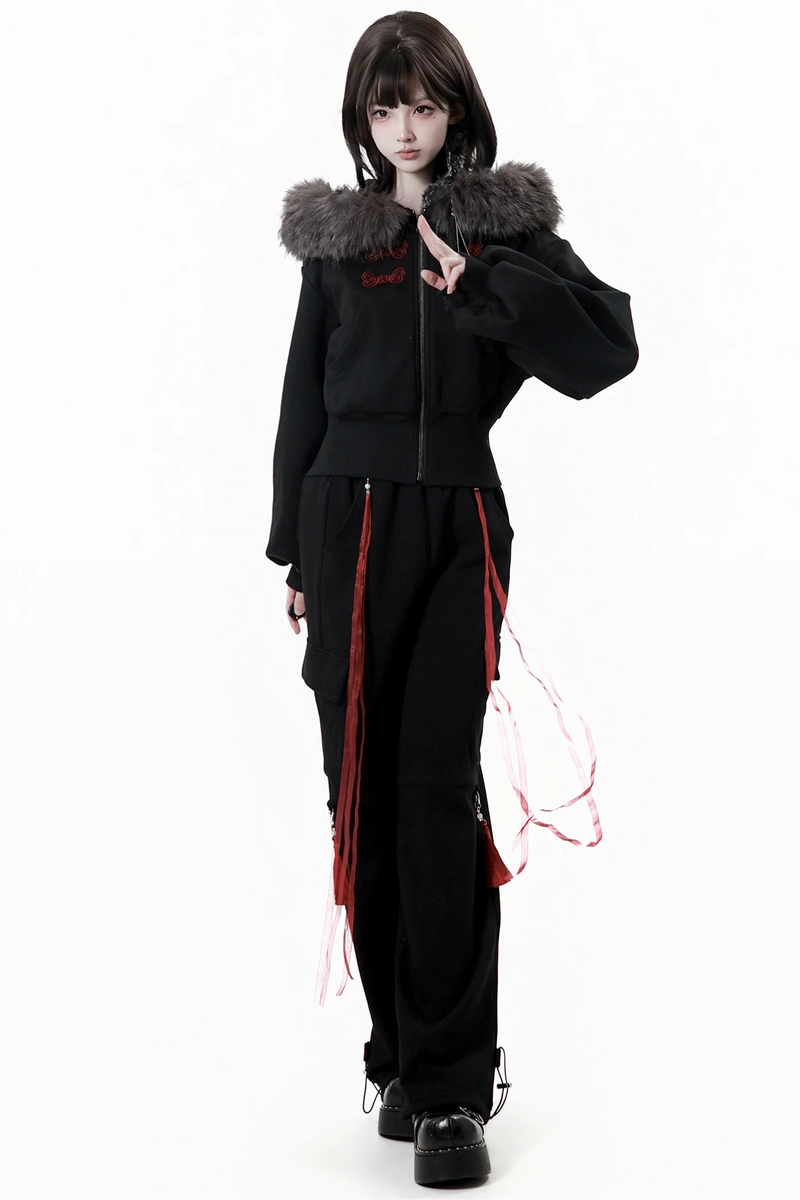 Dark Detachable Fur Jacket + Skirt + Pants