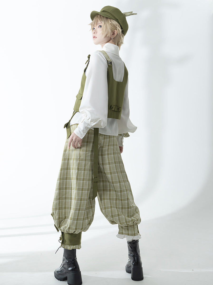 Secret Morning Post Green Tea Color Retro Sweet Cool Vest Shirt Cropped Pants