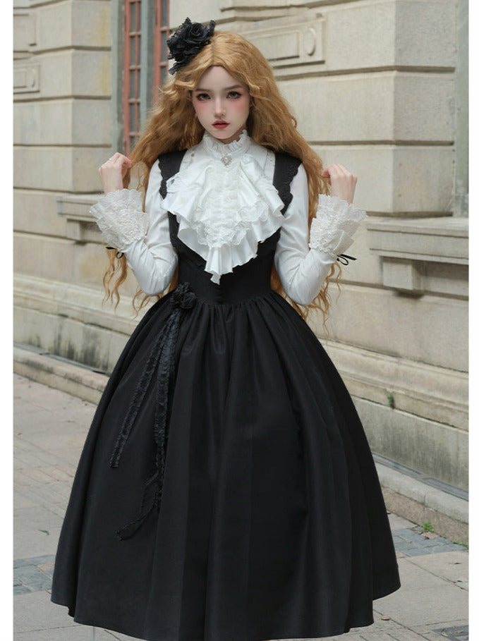 Night Traveler Classic Black Gothic Lace Jacket Dress + Ruffle White Blouse and Black Dress