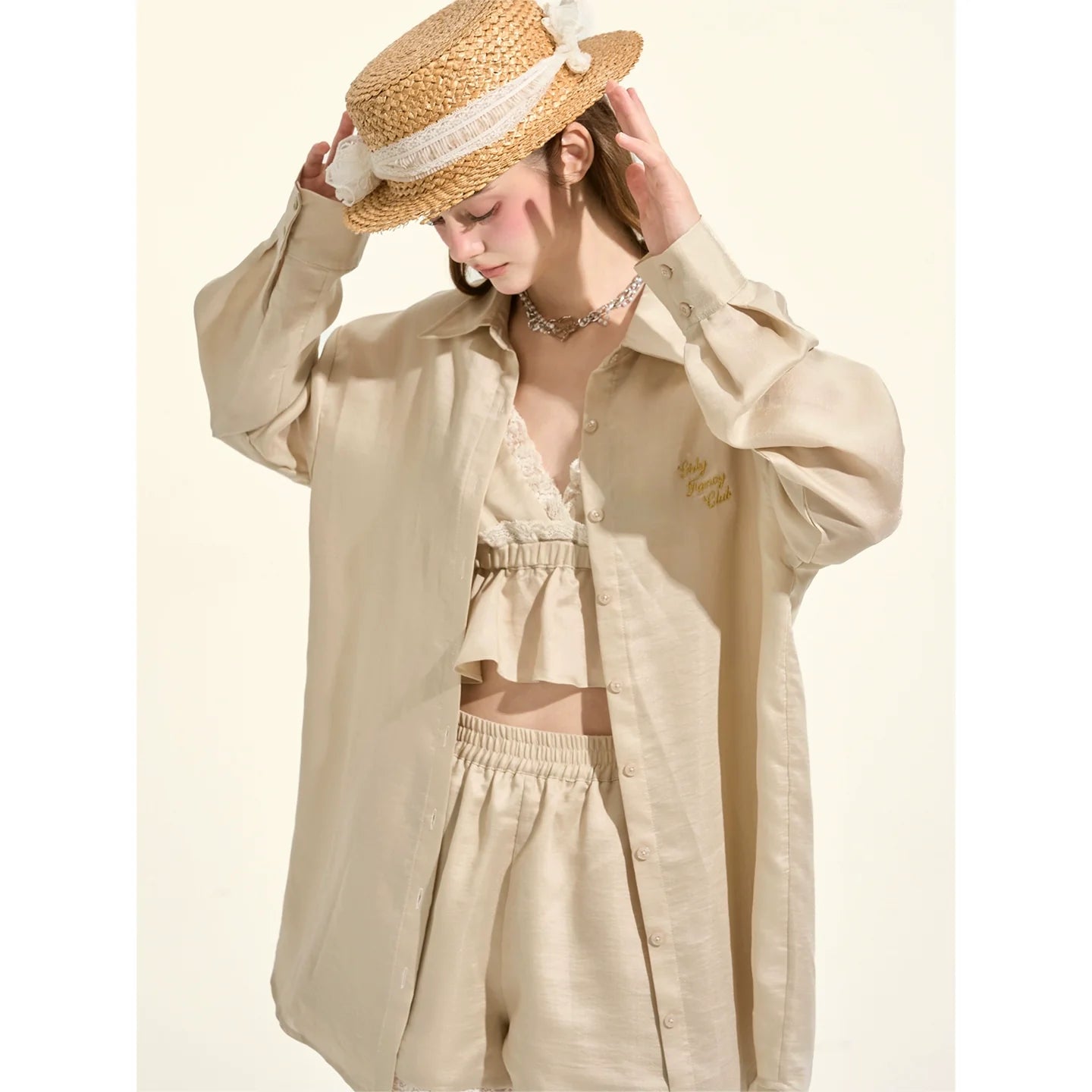 Pastille Style Khaki Lace Camisole + Shirt + Shorts