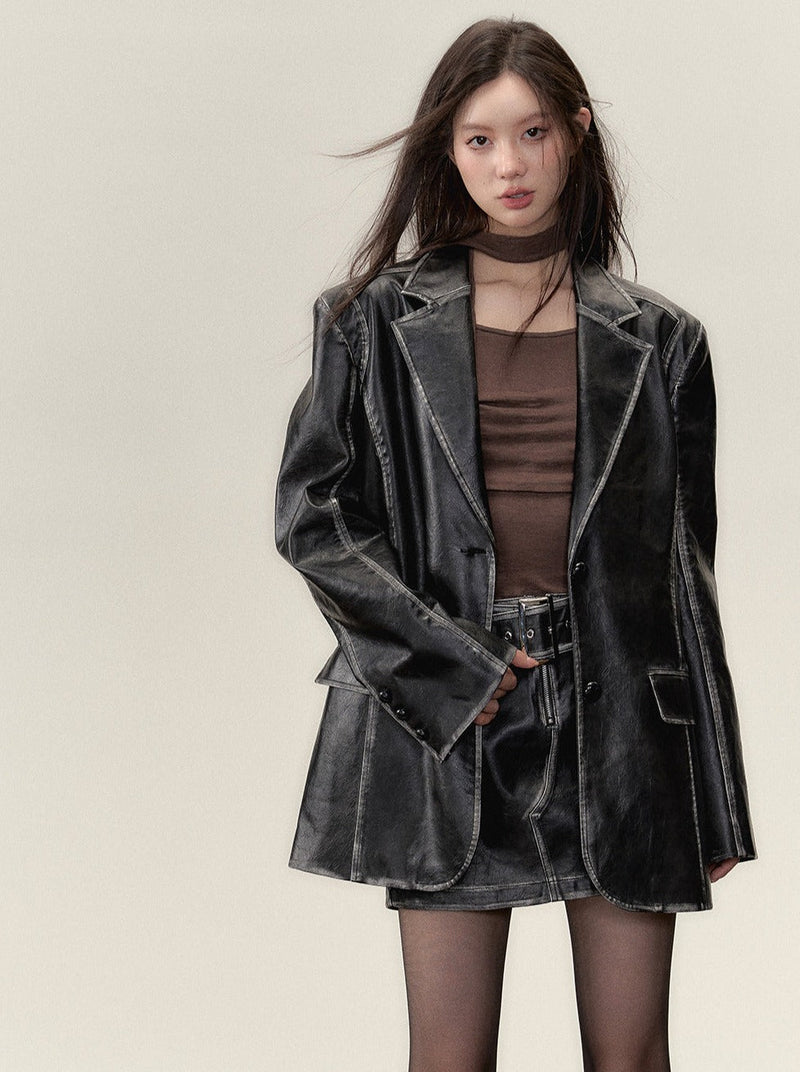 Washed Leather Over Jacket + Short Skirt