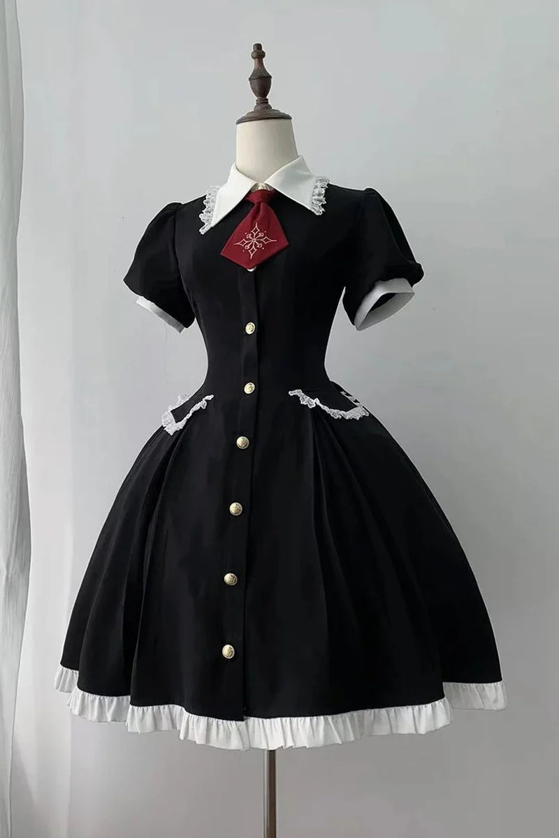 [pre-order Deadline: April 29] Black X White Gothic Lace Red Tie Collar Lolita Dress Type A/b