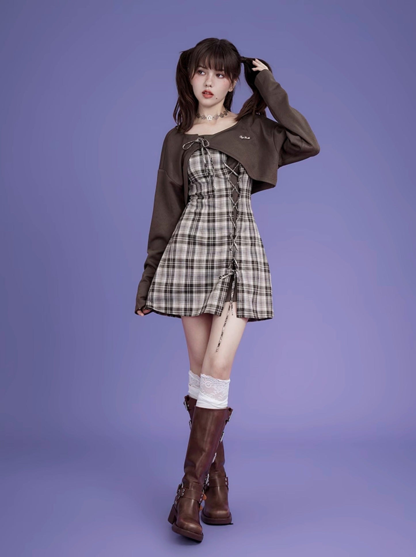 Logo Sweat Top + Plaid Lace Up Camisole Dress