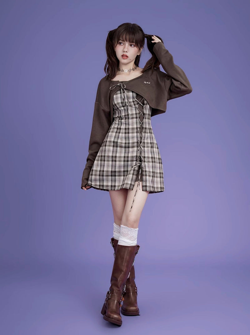 Logo Sweat Top + Plaid Lace Up Camisole Dress