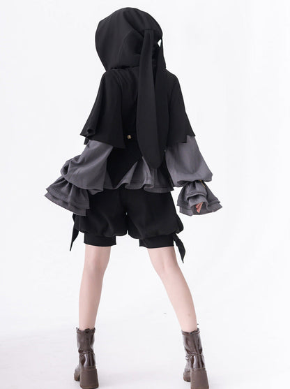 Rabbit Retro Dark Cool Rabbit Ears Hoodie Set [cape Coat / Blouse / Short Pants]