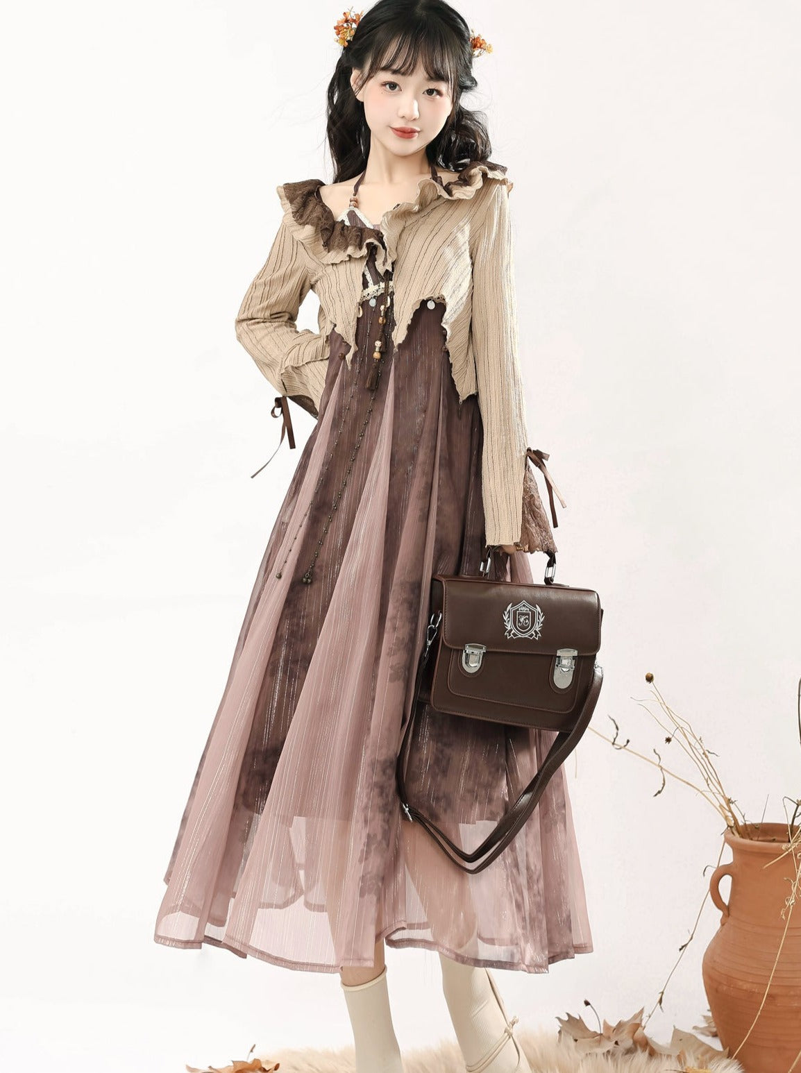 Style Camisole Dress + Ruffle Short Cardigan