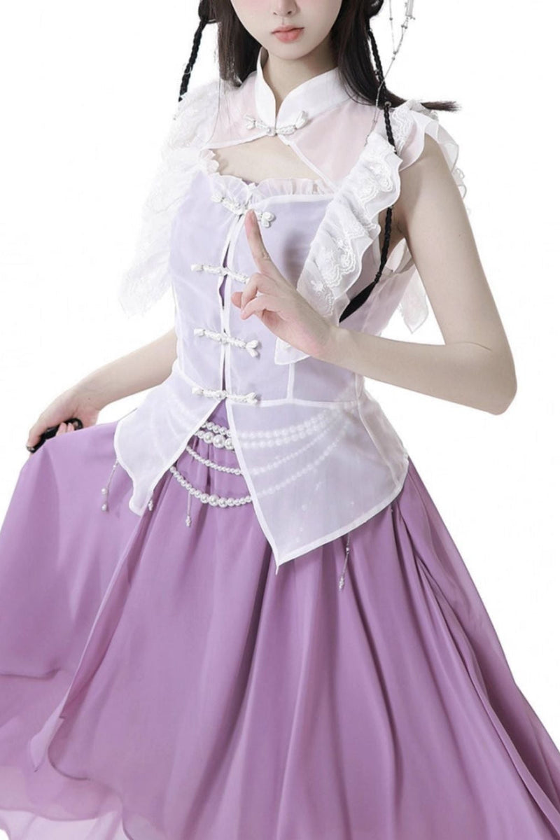 Light Smock Suspender Dress + Short Dress + China Design Sleeveless Top + Short Shirt + Pearl Accessories