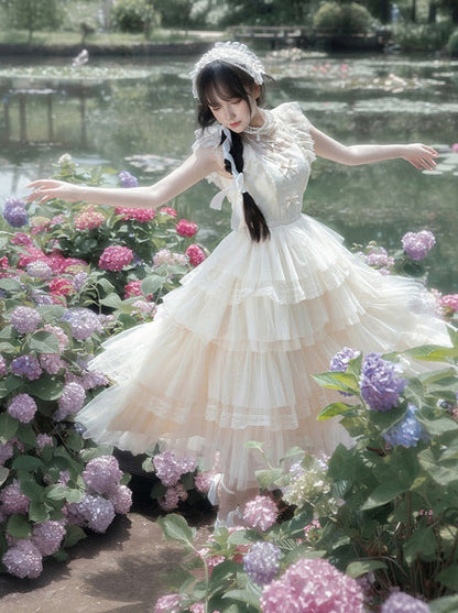 [pre-order] Pure White Girly Lolita Dress + Cardigan + Inner Top + Veil + Sleeves