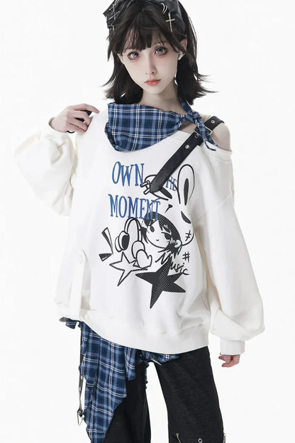Off-shoulder Sweatshirt Top + Asymmetric Skirt + Long Pants