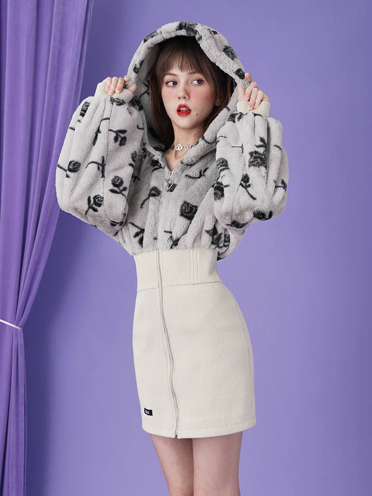 Pure Desire Rose Fur Hoodie Zip Skirt Dress