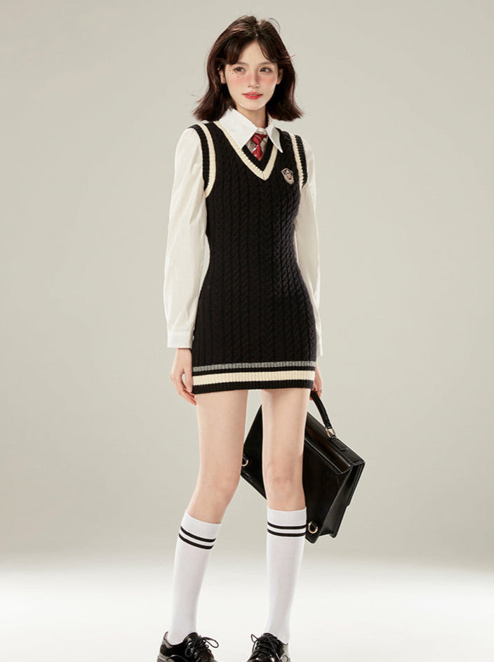 College Style Necktie White Shirt + V-neck Knit Vest Dress