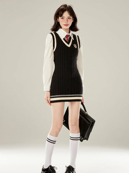 College Style Necktie White Shirt + V-neck Knit Vest Dress